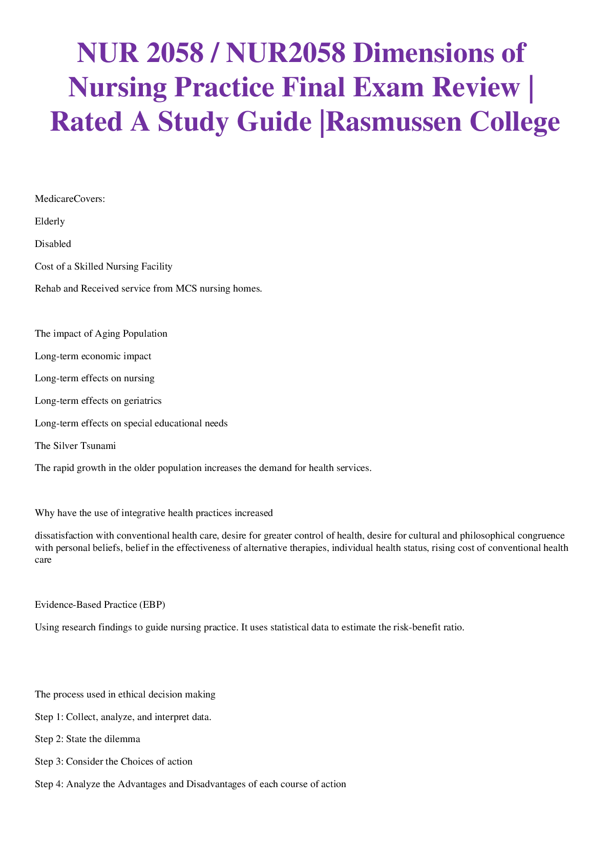 Preview of NUR 2058 / NUR2058 Dimensions of Nursing Practice Final Exam Review | Rated A Study Guide